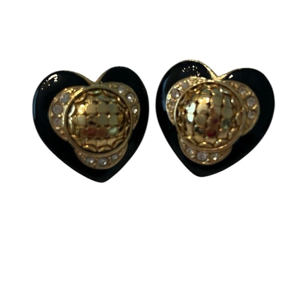 Vintage rare Whiting & Davis black & gold mesh heart shaped pierced earrings EVC